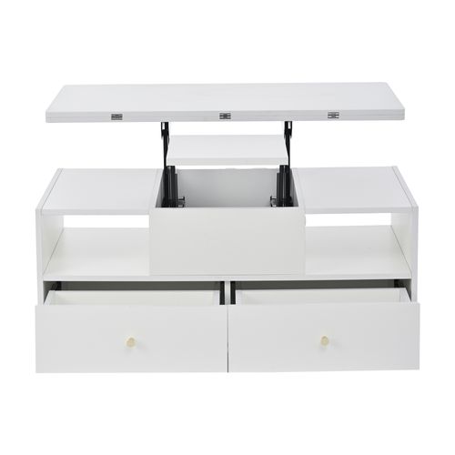 Table Basse Avec Plateau Relevable, 2 Tiroirs Et 2 Niches Blanc