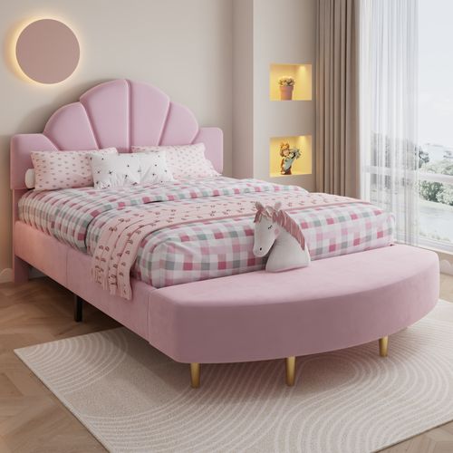 Lit Enfant 140x200 Cm Avec Banc Intégré Velours Rose