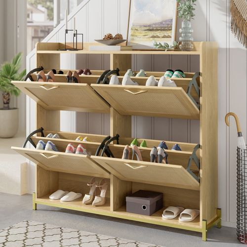 Meuble à Chaussures Avec 4 Portes En Rotin Et 2 Niches Imitation Chêne