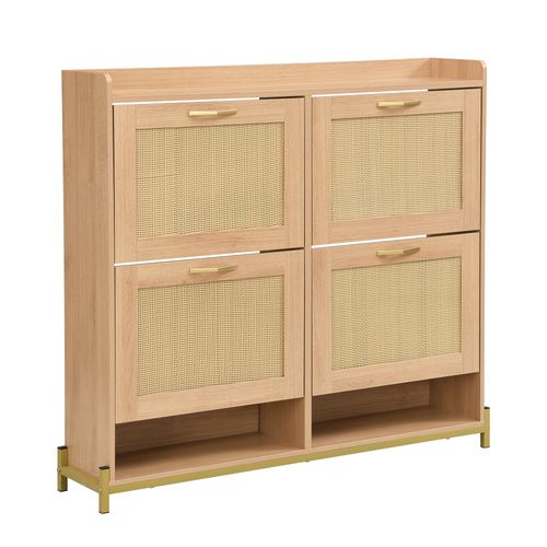 Meuble à Chaussures Avec 4 Portes En Rotin Et 2 Niches Imitation Chêne