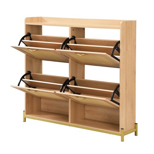 Meuble à Chaussures Avec 4 Portes En Rotin Et 2 Niches Imitation Chêne