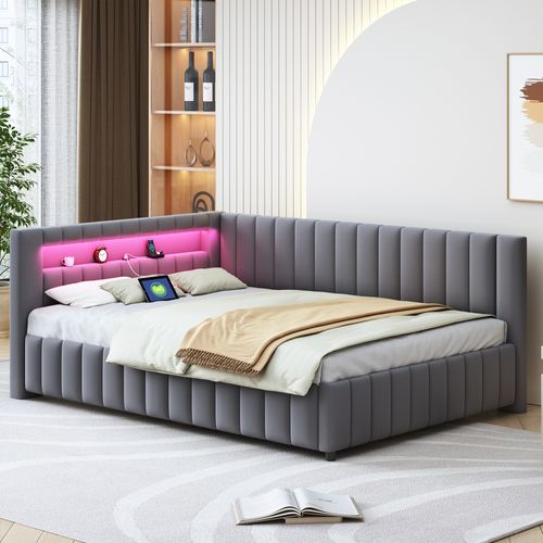 Lit Adulte Lit 2 Place 140 X 200 Cm Avec LED, USB Et Sommier Velours Gris Foncé