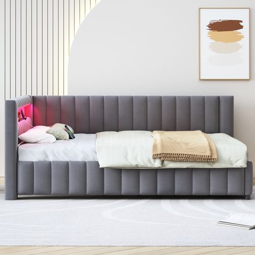 Lit Adulte Lit 2 Place 140 X 200 Cm Avec LED, USB Et Sommier Velours Gris Foncé