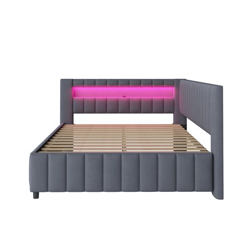 Lit Adulte Lit 2 Place 140 X 200 Cm Avec LED, USB Et Sommier Velours Gris Foncé