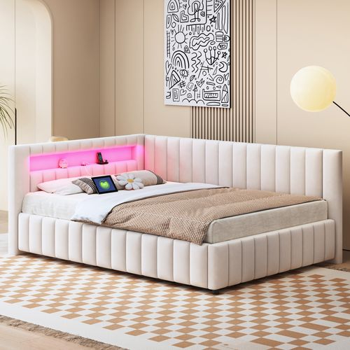 Lit Adulte Lit 2 Place 140 X 200 Cm Avec LED, USB Et Sommier Velours Beige