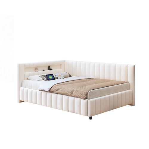 Lit Adulte Lit 2 Place 140 X 200 Cm Avec LED, USB Et Sommier Velours Beige