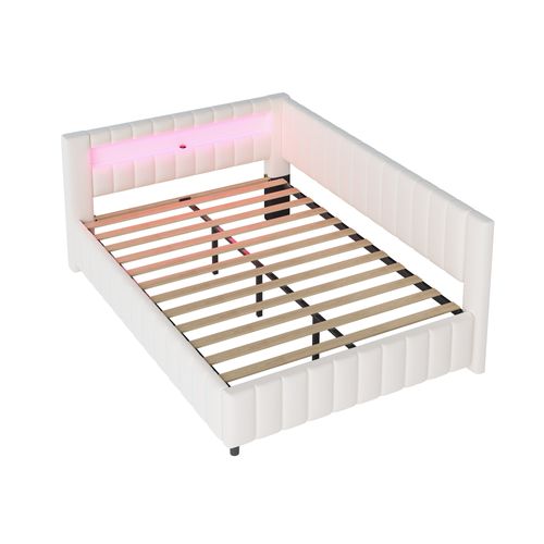 Lit Adulte Lit 2 Place 140 X 200 Cm Avec LED, USB Et Sommier Velours Beige