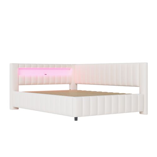 Lit Adulte Lit 2 Place 140 X 200 Cm Avec LED, USB Et Sommier Velours Beige