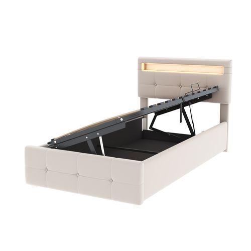 Lit Enfant Lit Coffre 90 X 200 Cm Avec Tête De Lit LED Velours Beige
