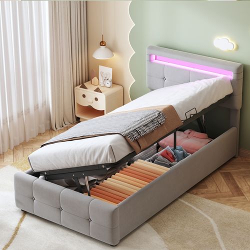 Lit Enfant Lit Coffre 90 X 200 Cm Avec Tête De Lit LED Velours Gris