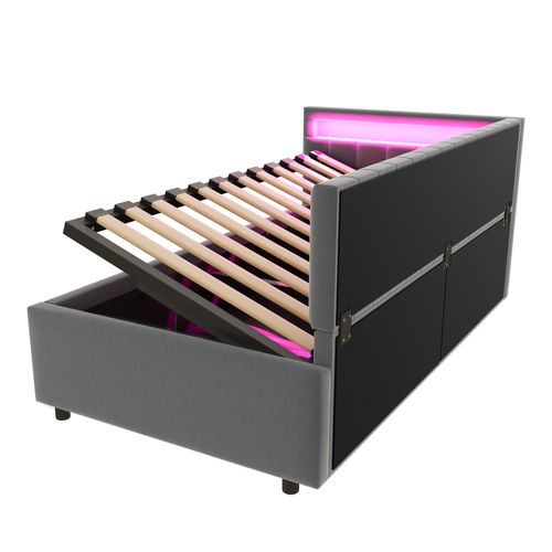 Lit Enfant Lit Coffre 90 X 200 Cm Avec LED Et Sommier Velours Gris Foncé