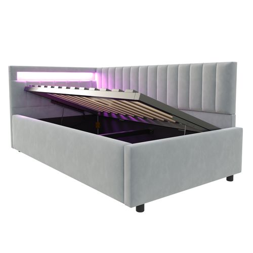 Lit Enfant Lit Coffre 90 X 200 Cm Avec LED Et Sommier Velours Gris