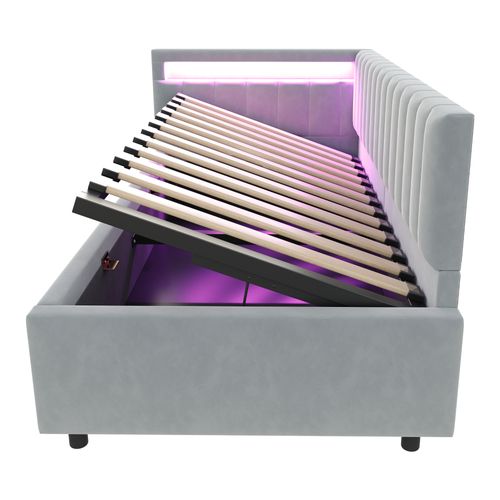 Lit Enfant Lit Coffre 90 X 200 Cm Avec LED Et Sommier Velours Gris