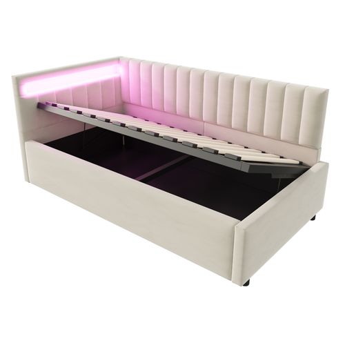 Lit Enfant Lit Coffre 90 X 200 Cm Avec LED Et Sommier Velours Beige