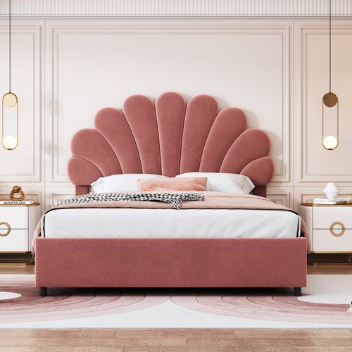 Lit Coffre 140 X 200 Cm Avec Tête De Lit En Forme De Pétale Réglable En Hauteur Velours Rouge