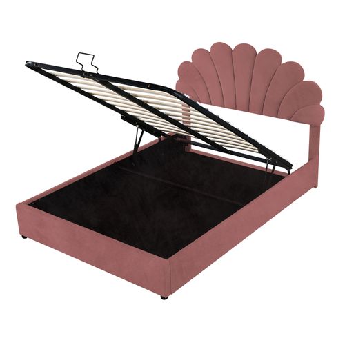 Lit Coffre 140 X 200 Cm Avec Tête De Lit En Forme De Pétale Réglable En Hauteur Velours Rouge