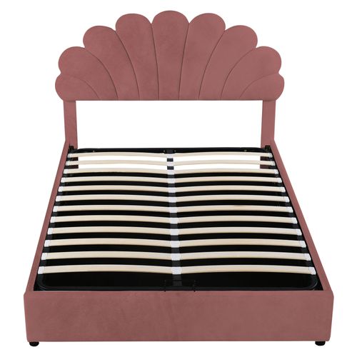 Lit Coffre 140 X 200 Cm Avec Tête De Lit En Forme De Pétale Réglable En Hauteur Velours Rouge