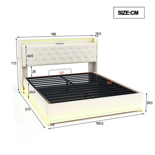 Lit Coffre Lit 2 Place 160 X 200 Cm Avec LED Et USB Lin Beige