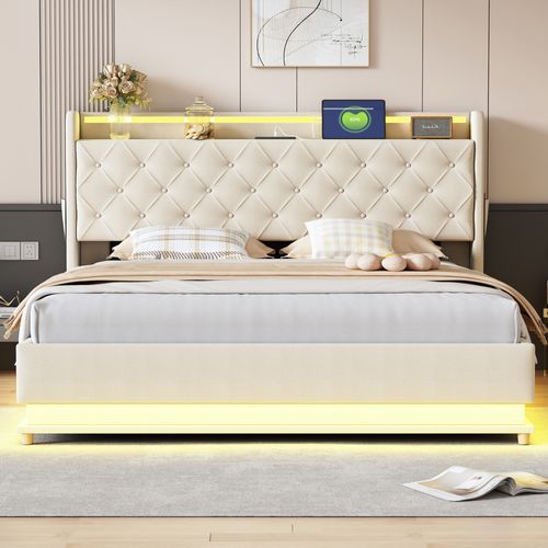 Lit Coffre Lit 2 Place 160 X 200 Cm Avec LED Et USB Lin Beige