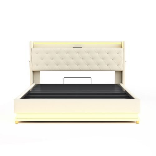 Lit Coffre Lit 2 Place 160 X 200 Cm Avec LED Et USB Lin Beige