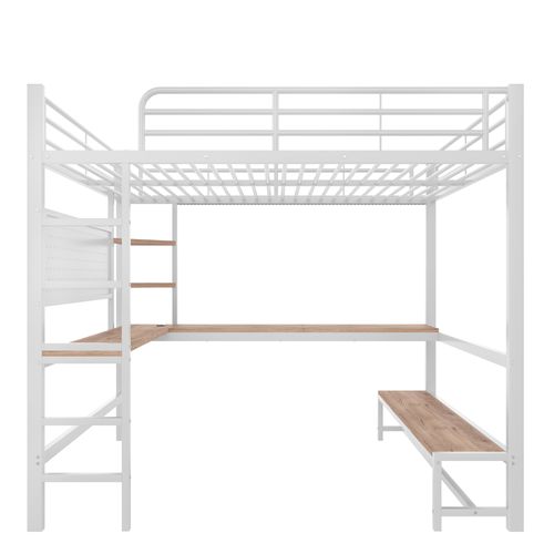 Lit Mezzanine 140 X 200 Cm Avec LED, USB, Bureau Et Étagères à Plusieurs Niveaux Blanc