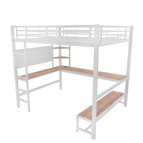 Lit Mezzanine 140 X 200 Cm Avec LED, USB, Bureau Et Étagères à Plusieurs Niveaux Blanc