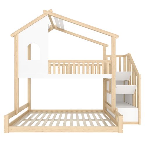 Lit Superposé Cabane 140x200cm + 90x200cm Avec 3 Escaliers De Rangement Blanc + Imitation Chêne