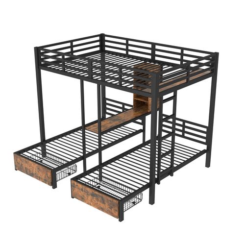 Lit Superposé 140x200cm + 2x90x200cm Avec 2 Tiroirs Et 4 Niches Style Industriel