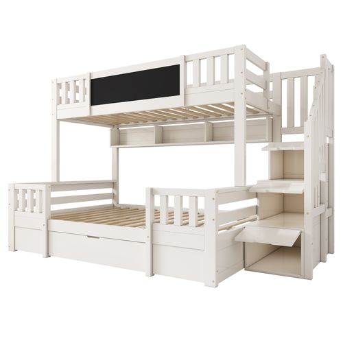 Lit Superposé 140x200cm + 90x200cm Avec 1 Tiroir Et 3 Escaliers De Rangement Blanc