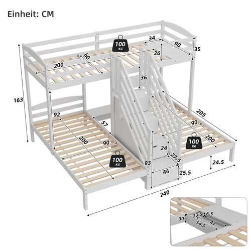 Lit Superposé 3x90x200cm Avec 4 Escaliers De Rangement Blanc