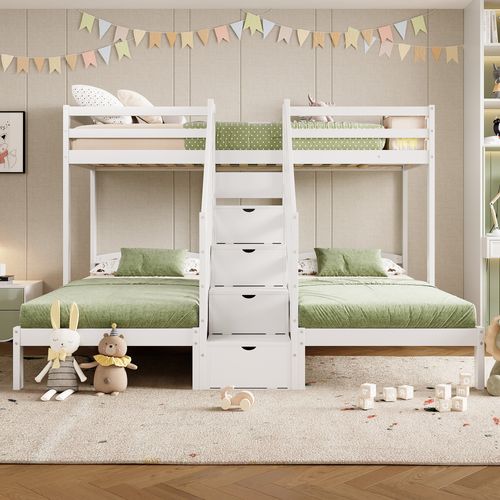 Lit Superposé 3x90x200cm Avec 4 Escaliers De Rangement Blanc