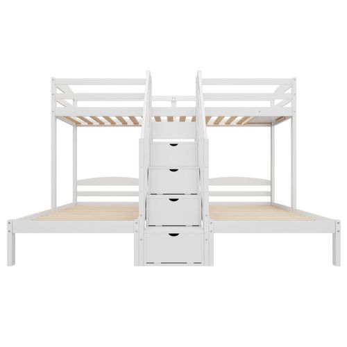 Lit Superposé 3x90x200cm Avec 4 Escaliers De Rangement Blanc