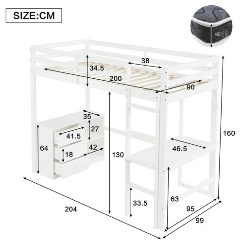 Lit Mezzanine 90x200 Cm Avec Bureau, 3 Tiroirs Et 2 Niches Blanc