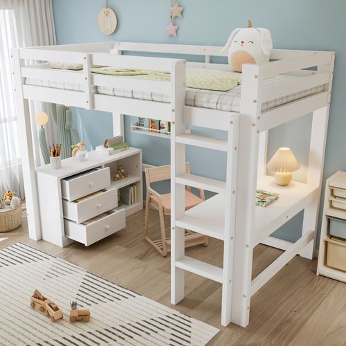 Lit Mezzanine 90x200 Cm Avec Bureau, 3 Tiroirs Et 2 Niches Blanc