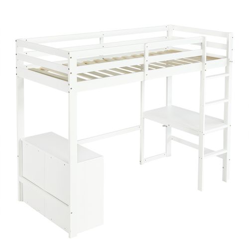 Lit Mezzanine 90x200 Cm Avec Bureau, 3 Tiroirs Et 2 Niches Blanc