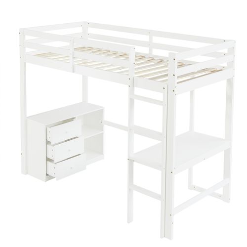 Lit Mezzanine 90x200 Cm Avec Bureau, 3 Tiroirs Et 2 Niches Blanc
