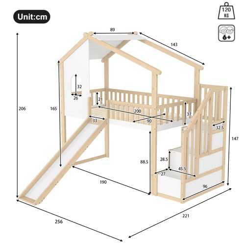 Lit Mezzanine Cabane 90x200 Cm Avec 2 Escaliers De Rangement Et Toboggans Blanc + Imitation Chêne