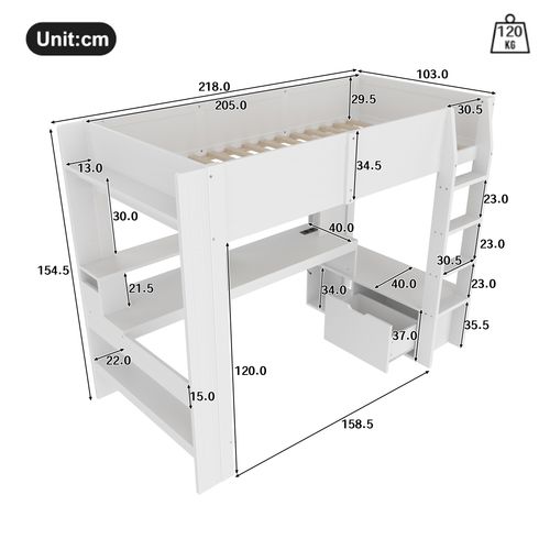 Lit Mezzanine 90x200 Cm Avec LED, Bureau, Étagère Et 1 Tiroir Blanc