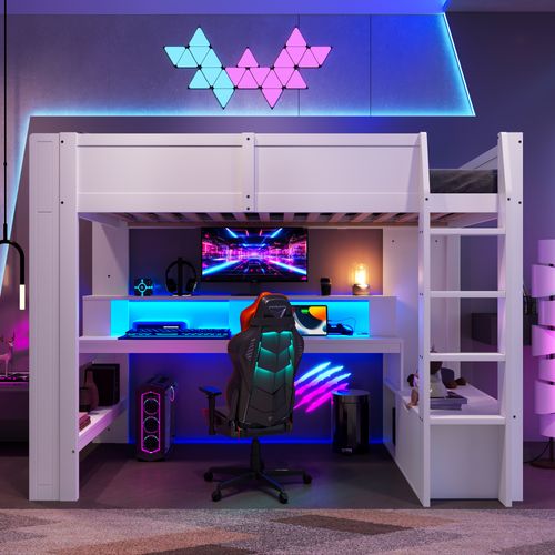 Lit Mezzanine 90x200 Cm Avec LED, Bureau, Étagère Et 1 Tiroir Blanc