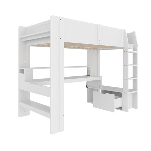 Lit Mezzanine 90x200 Cm Avec LED, Bureau, Étagère Et 1 Tiroir Blanc