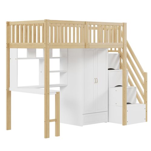 Lit Mezzanine 90x200 Cm Avec Bureau, Étagères, Escalier De Rangement Et Armoire Blanc