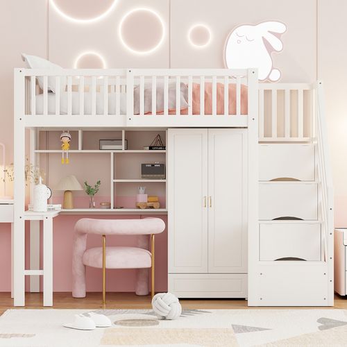 Lit Mezzanine 90x200 Cm Avec Bureau, Étagères, Escalier De Rangement Et Armoire Blanc