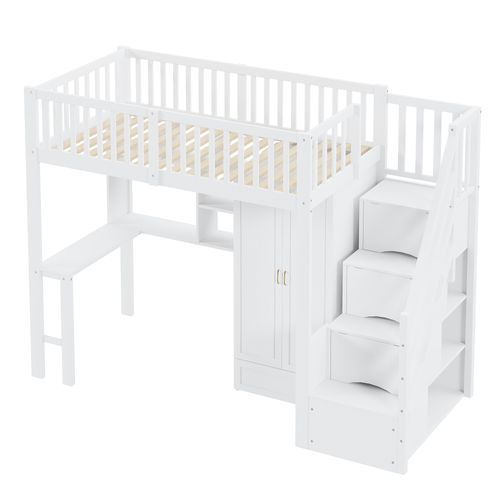 Lit Mezzanine 90x200 Cm Avec Bureau, Étagères, Escalier De Rangement Et Armoire Blanc