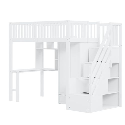 Lit Mezzanine 90x200 Cm Avec Bureau, Étagères, Escalier De Rangement Et Armoire Blanc