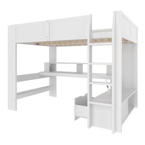 Lit Mezzanine 140x200 Cm Avec LED, Bureau, Étagères Et Tiroir Blanc
