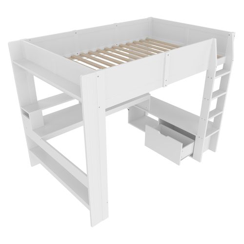 Lit Mezzanine 140x200 Cm Avec LED, Bureau, Étagères Et Tiroir Blanc