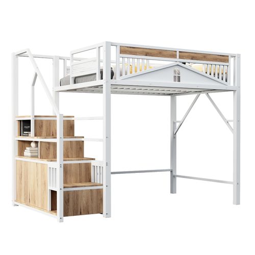 Lit Mezzanine 140x200 Cm En Métal Avec Escalier De Rangement Blanc