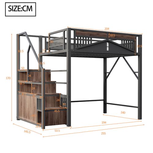 Lit Mezzanine 140x200 Cm En Métal Avec Escalier De Rangement Noir