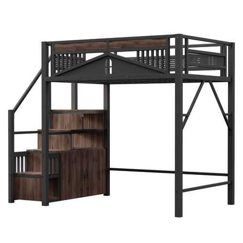 Lit Mezzanine 140x200 Cm En Métal Avec Escalier De Rangement Noir