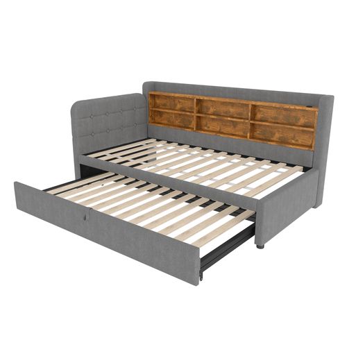 Lit Gigogne 90x200 Cm Avec USB Et 6 Niches Lin Gris